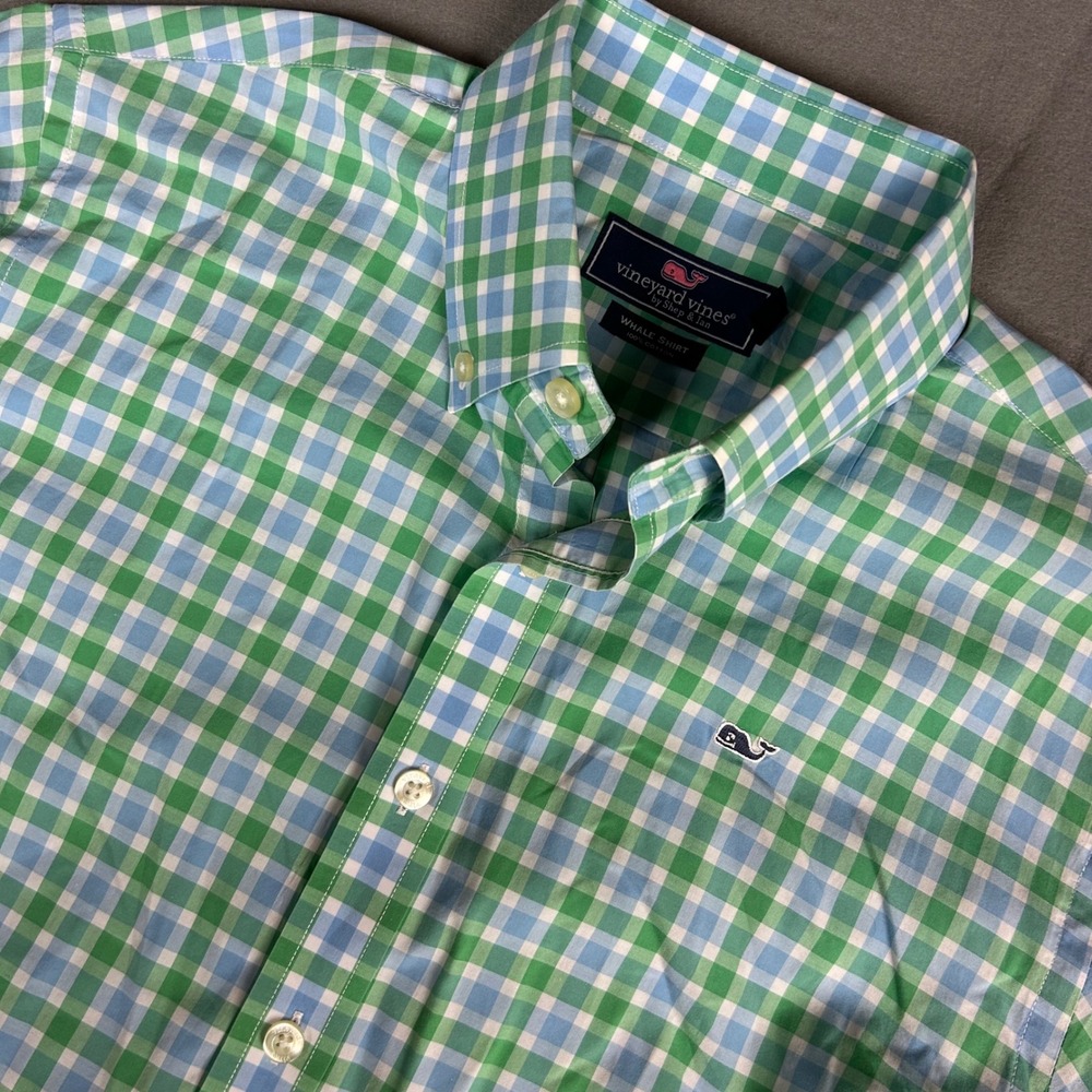 Vineyard Vines Button Down Mens XL Green Blue Gingham Plaid Whale Shirt 3W0292